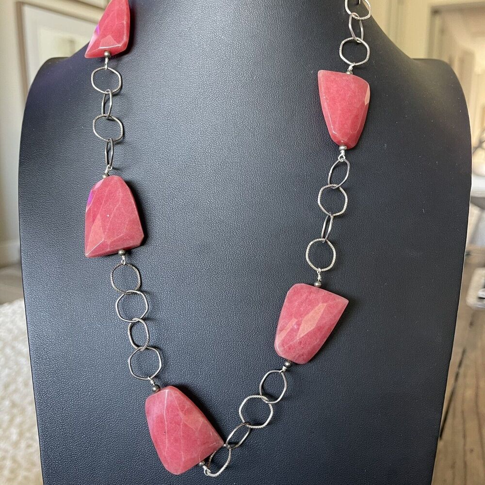 Vintage Sterling Silver Pink Cherry Quartz Glass Station Link Necklace 24"